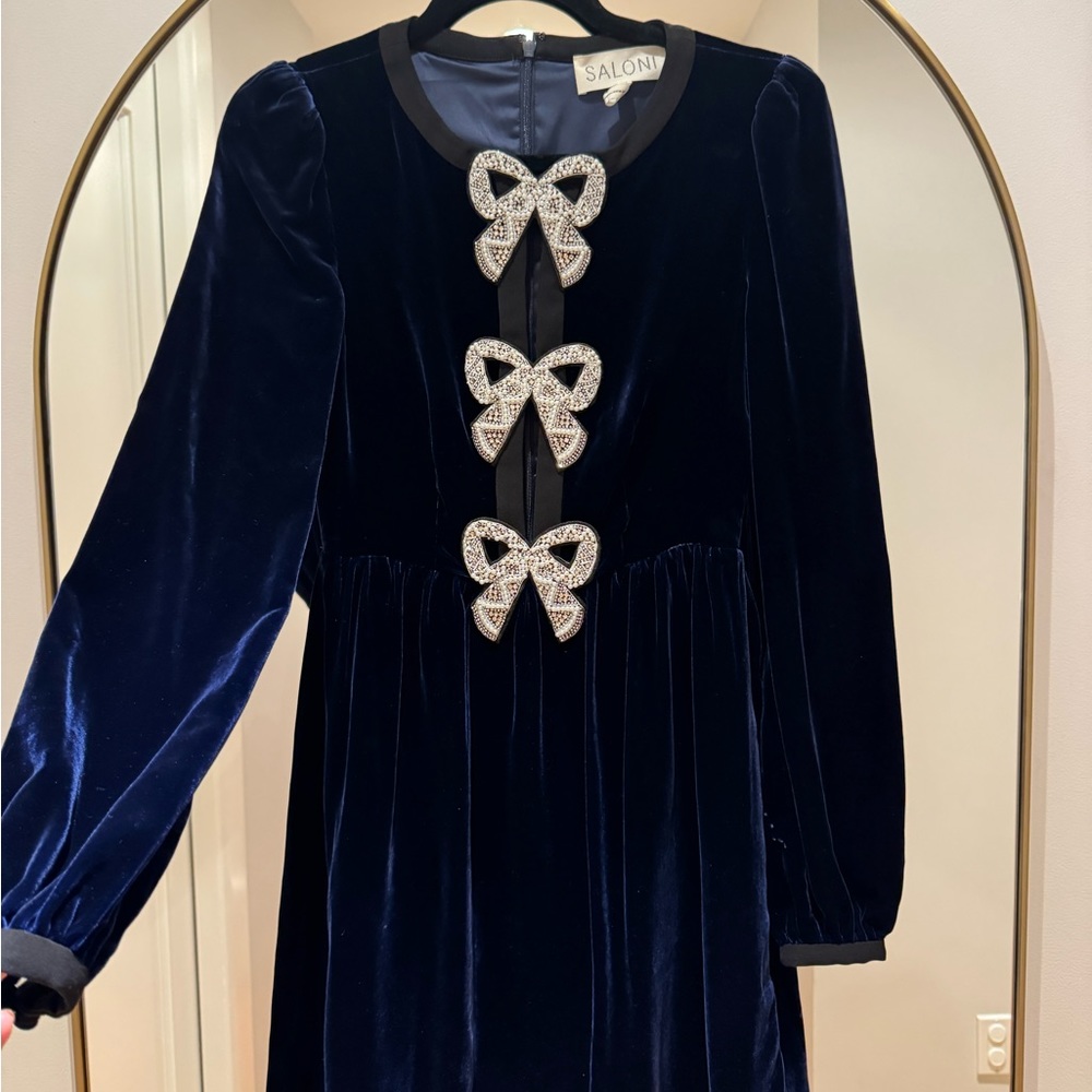 SALONI Camille Navy Crystal Bow Velvet Mini Dress
